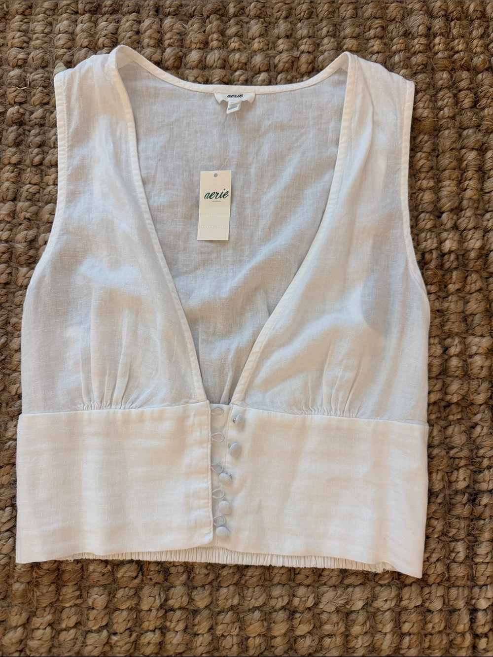 Aerie White V-Neck Linen-Blend Cropped Tank